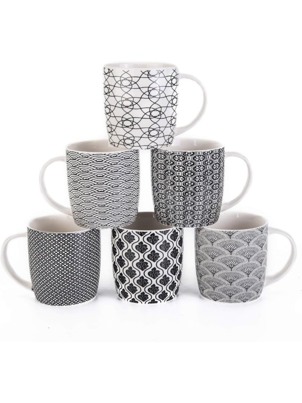Set of 6 Ceramic Coffee Mugs - 11.5 oz Black & White Geometric Pattern Tea Cups